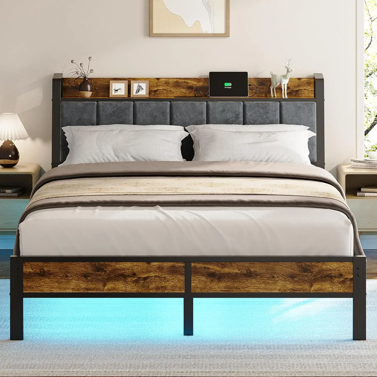 Queen Bed Frame with USB Charging & LED Lights, Metal Platform, No Box Spring Needed, Customized