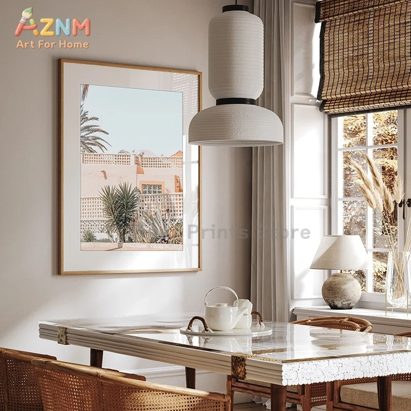 AZNM Boho Mexican City Landscape Canvas Wall Art Neutral Cactus Colonial Architecture Hot Air Balloon Travel Scenery Unframed Ca view 4