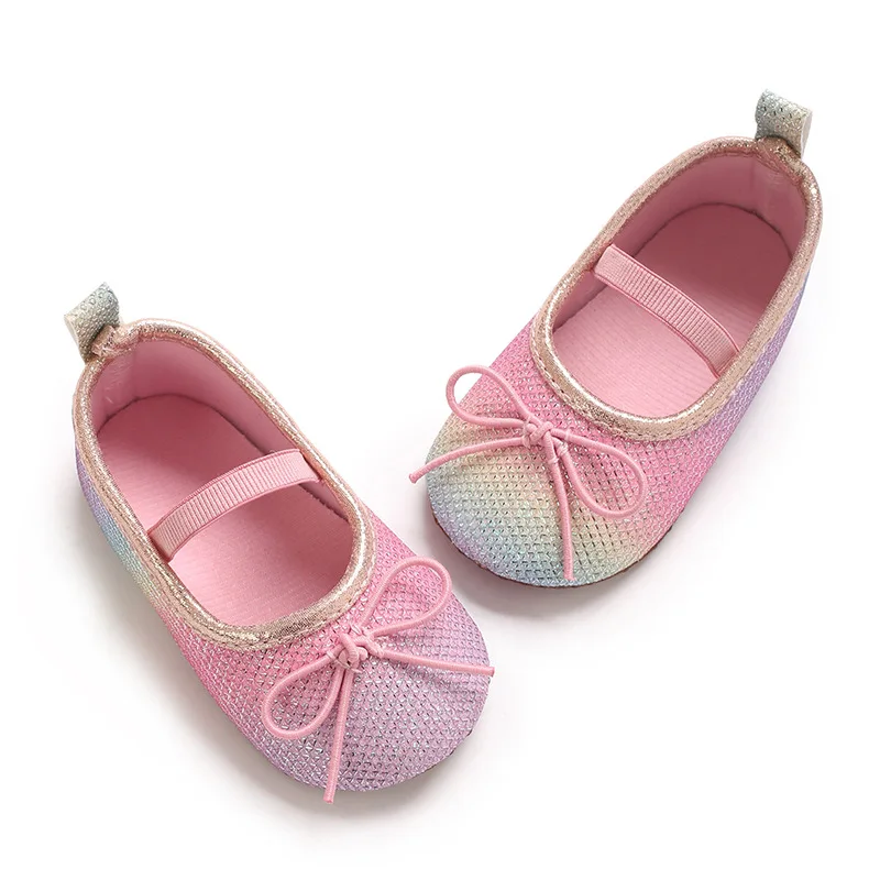 Bild 5: 2026 0-1J Baby-Schuhe mit Farbverlauf und Glitzer-Obermaterial, 3D-Schleife, für Mädchen, mit Klettverschluss/Elastikbändern, Freizeitschuhe