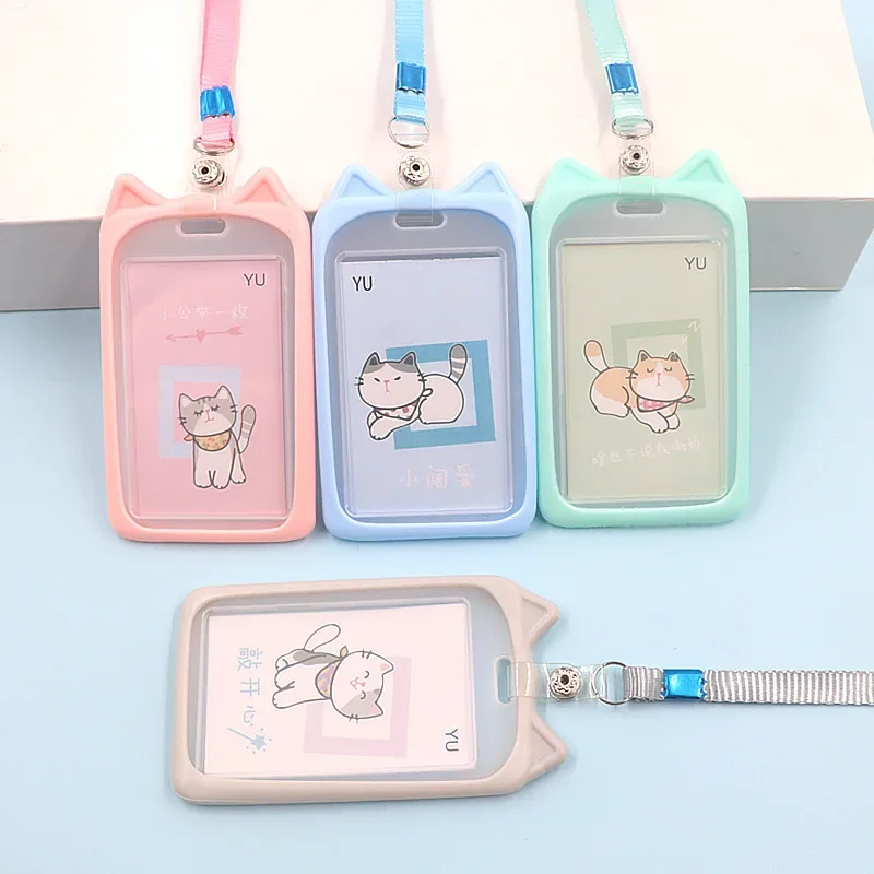 Cute Cartoon Cat Card Credential Holder With Retractable Reel Lanyard Badge Holder Convenience Student Bus ID Card Holder