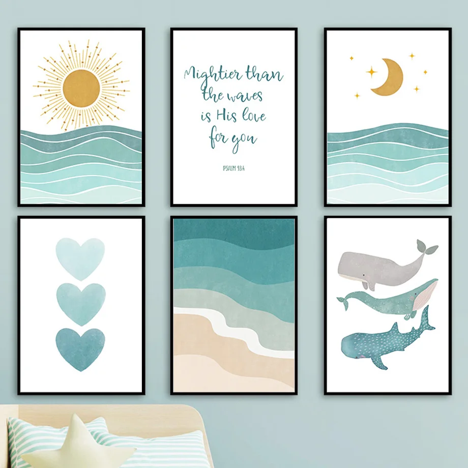Whale Seagull Sun Moon Ocean Beach Waves Quote Nursery Wall Art Canvas Painting Posters And Prints Wall Pictures Kids Room Decor