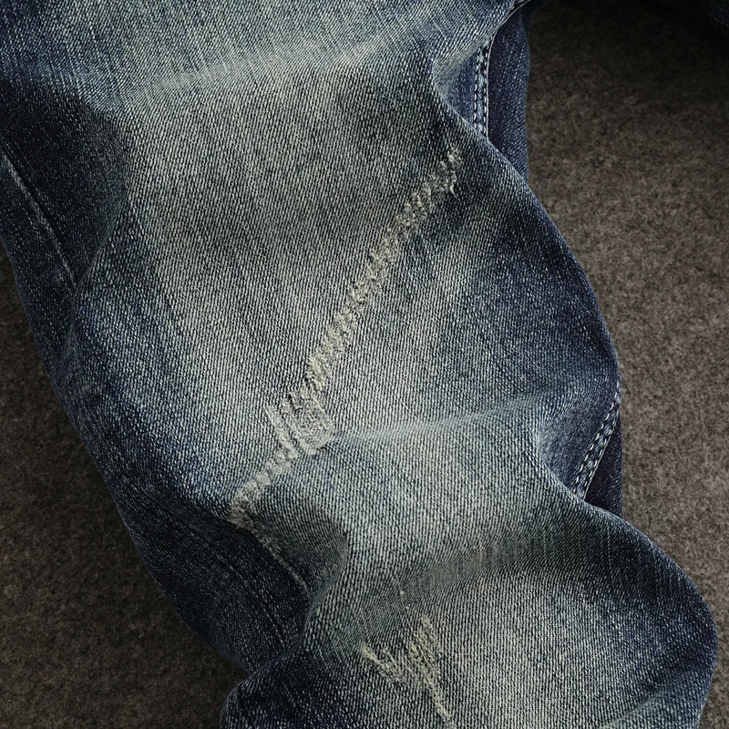 Fashion Vintage Men Jeans High Quality Retro Washed Blue Stretch Slim Fit Ripped Jeans Men Trendy Designer Denim Pants Hombre