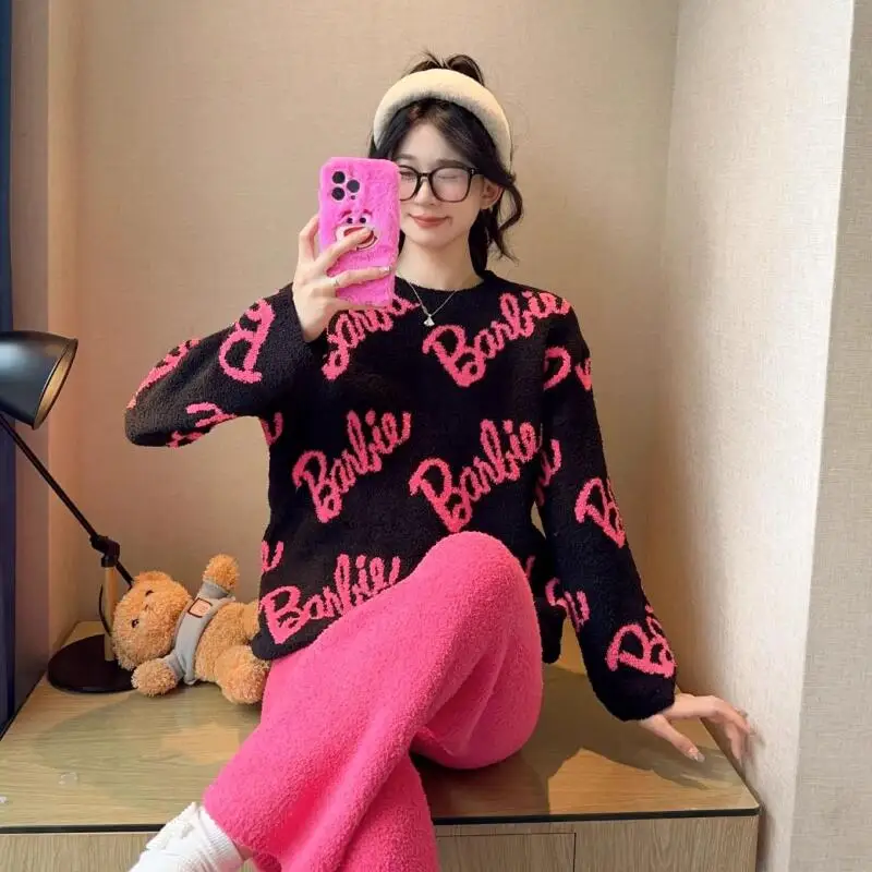 

2025 женский осенне-зимний новый мягкий комфортный милый милый пижамный комплект с утолщенными теплыми бархатными длинными брюками, повседневный комплект домашней одежды