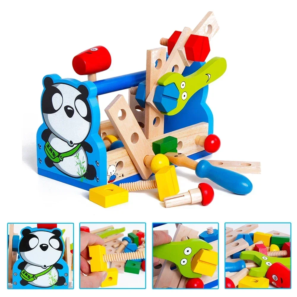 Funny Kids Repair Tools Kit Cute Wood Panda Fix Repair Pretend Toy Colorful Nut removal Tool Case Kids Learning Educational Toys