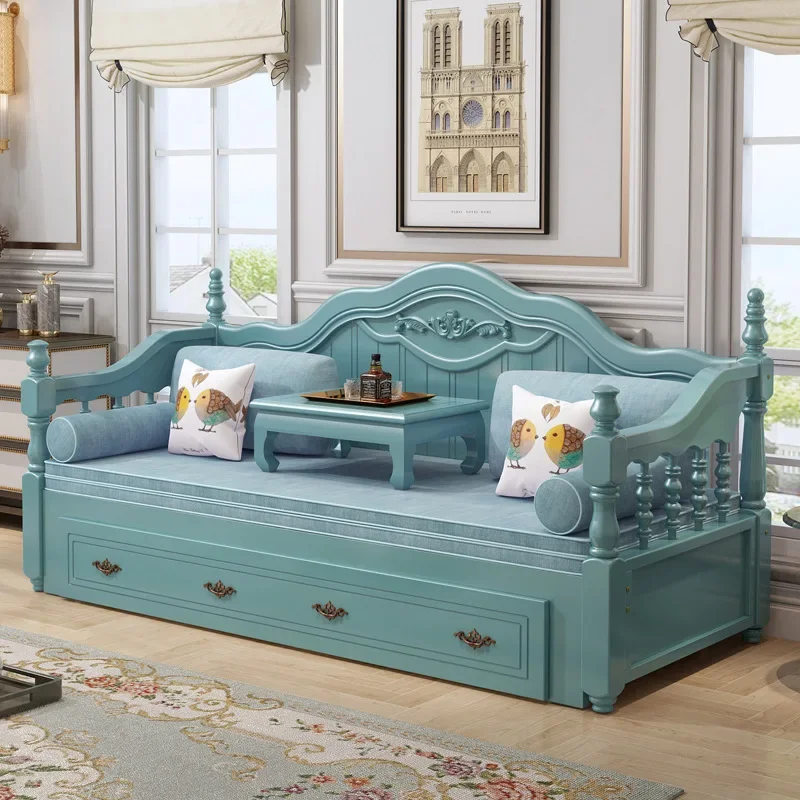 Y16- European-style solid wood sofa bed, sliding foldable, sitting, and bedside minimalist bed, soft-wrapped small apartment