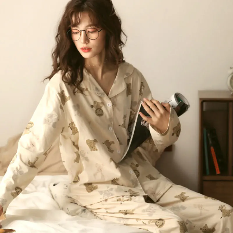 

Большие размеры, пижамы с мультяшным медведем, женские милые длинные брюки с длинными рукавами и сердечками, студенческая одежда для сна, комплект домашней одежды, ночная рубашка с лацканами