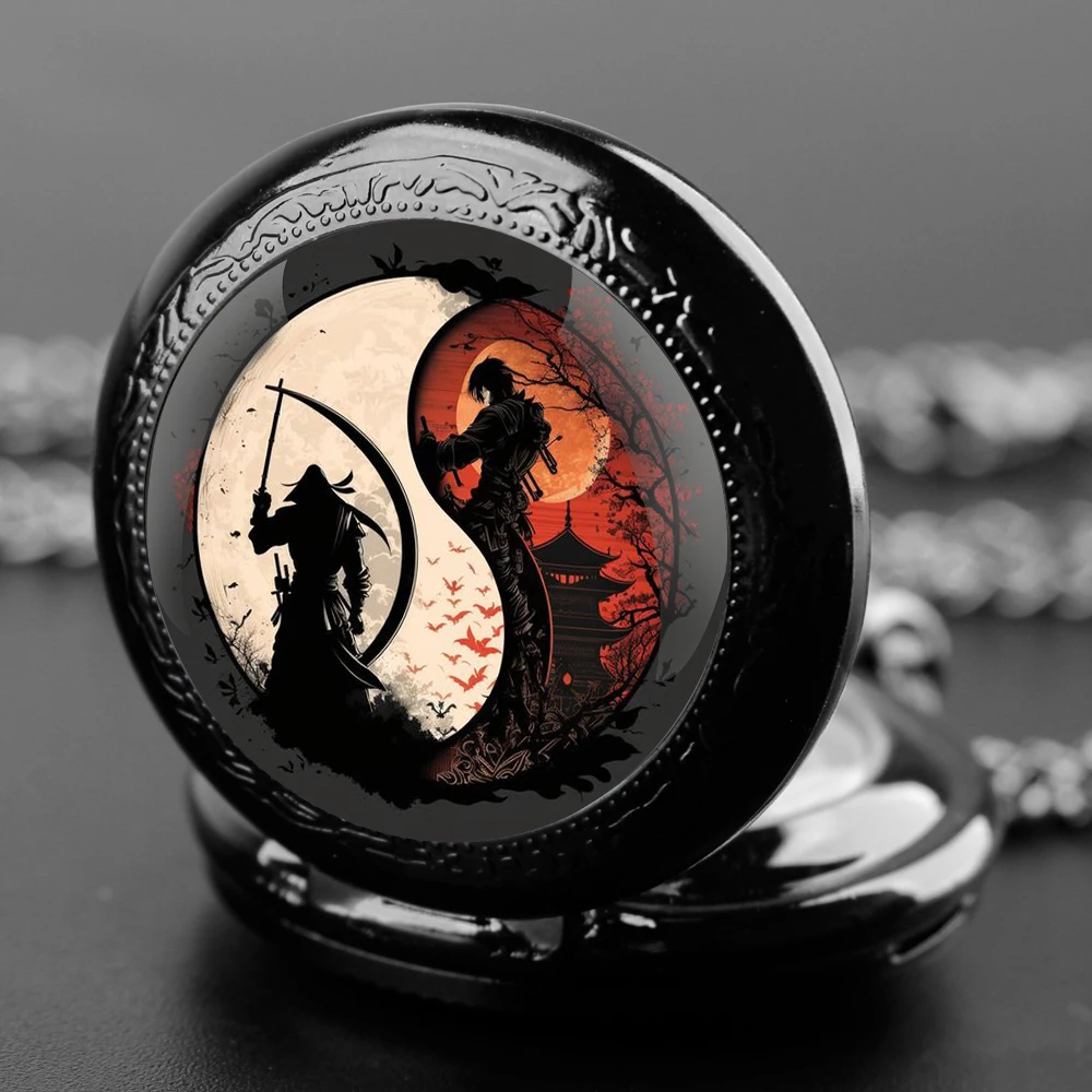 

Exquisite Yin-Yang Swordsman Glass Dome Quartz Pocket Watch Arabic numeral Necklace Pendant Gifts For Women Man with Chain