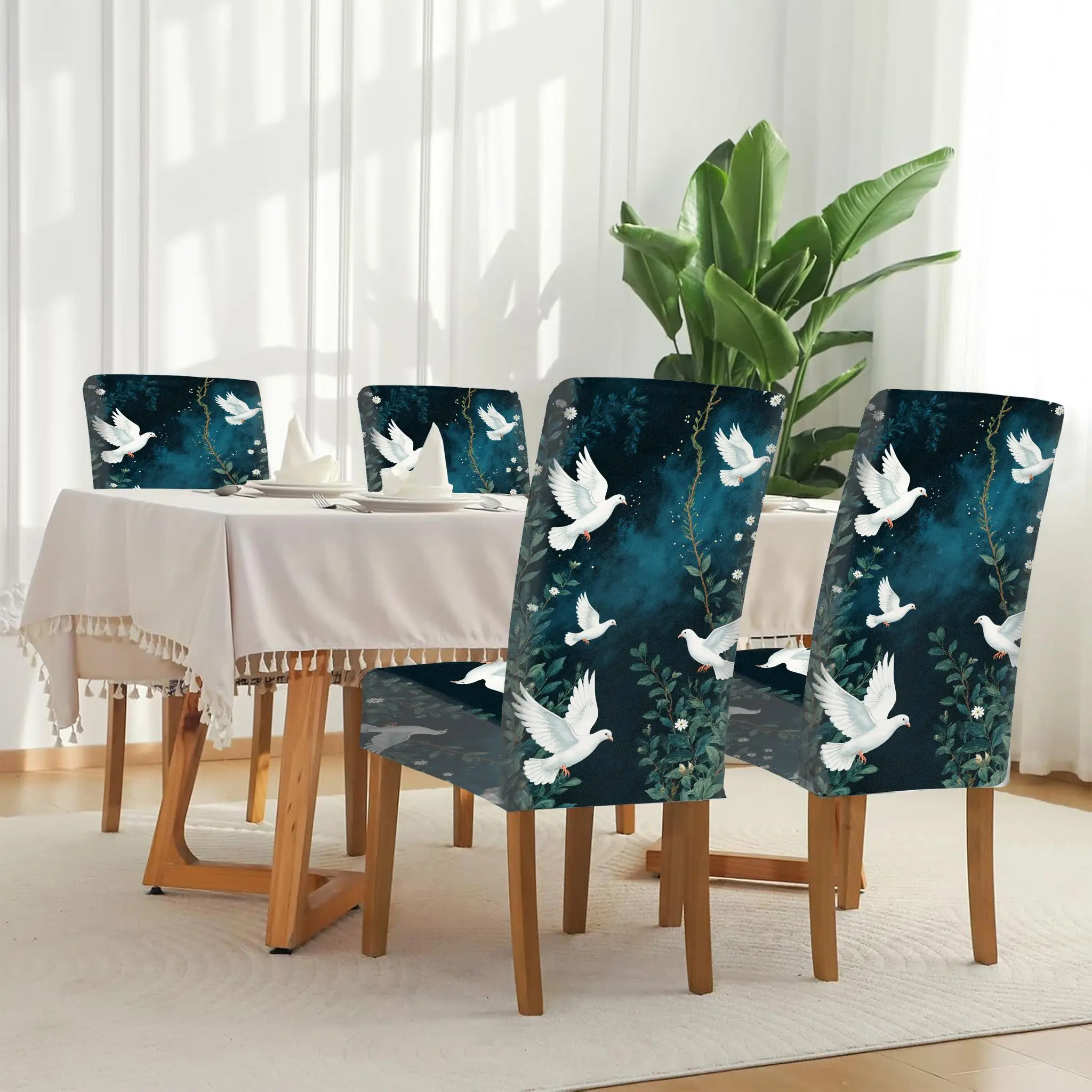 

Эластичный чехол для обеденного стула с иллюстрацией летающей белой голубки, съемный, моющийся, для домашнего использования.