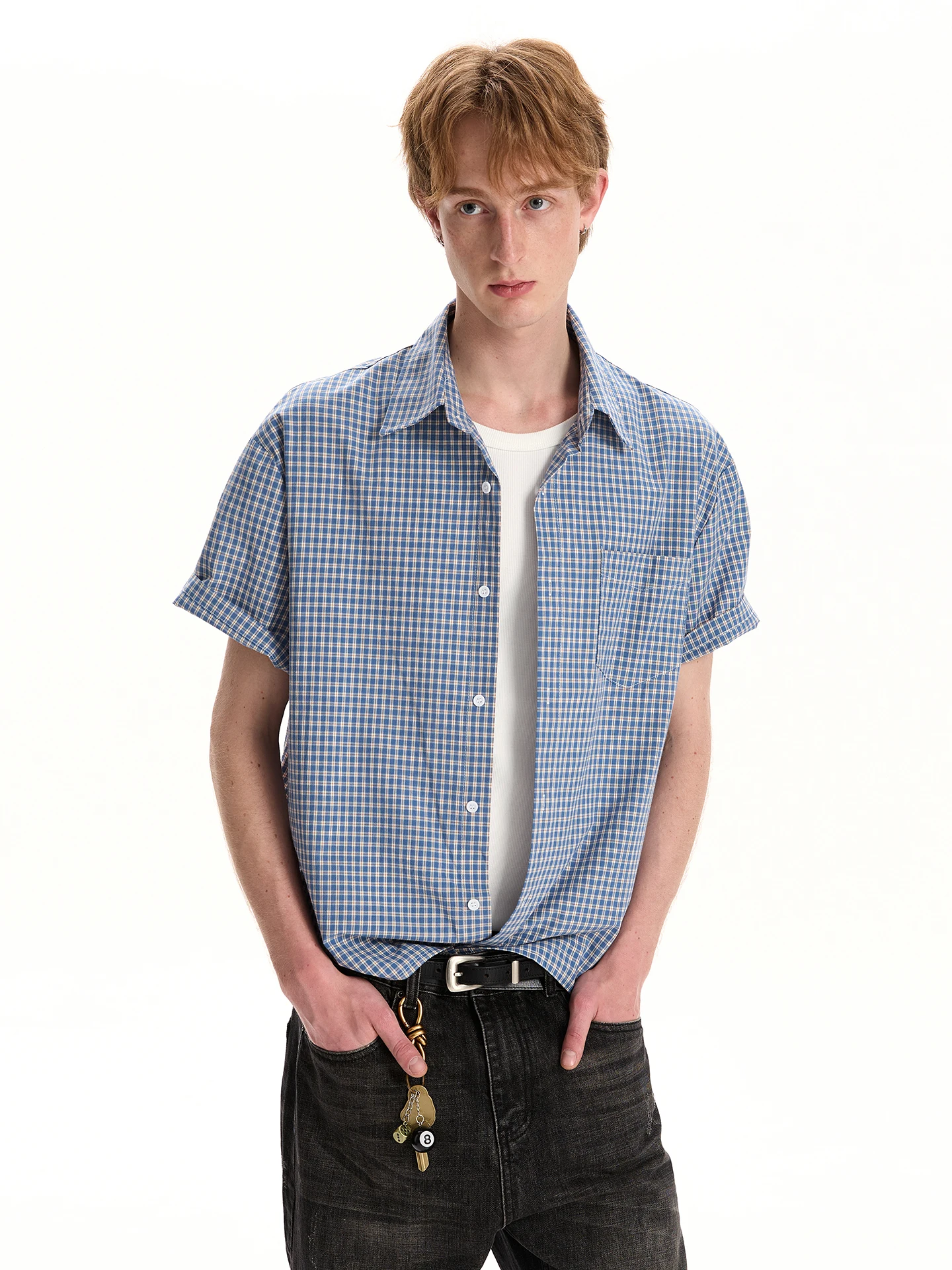 

ex Boxy Plaid irt ort Sve Classic American Sle Commute T-irt Cotton Breathable Wear-resistant Summer irt