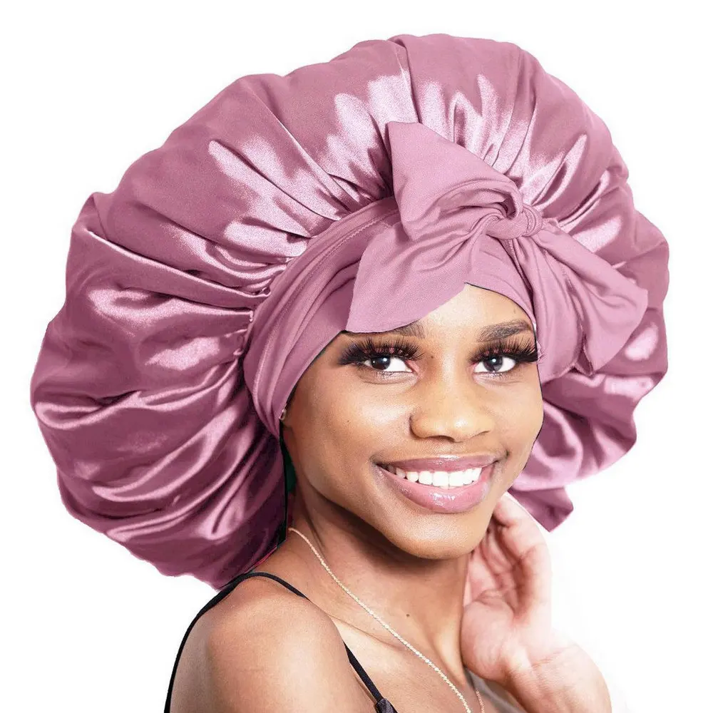 Satin-Schlafhauben, Jumbo-Seidenhaube für Frauen mit Bindeband für Lockiges Haar und Zöpfe – Detail 2