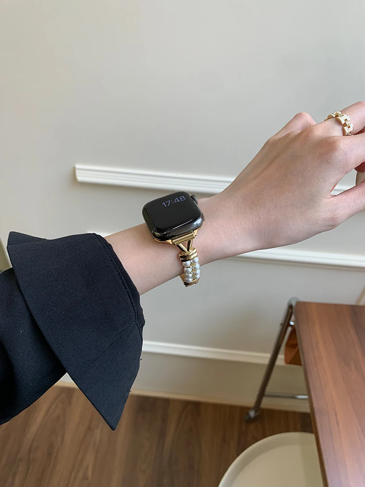 Роскошный жемчужный ремешок для iWatch Ultra 10 9 8 7 6 5 4 Глянцевый металлический браслет-ремешок для Apple Watch 40 мм 41 42 мм 44 мм 45 мм 46 мм 49 мм