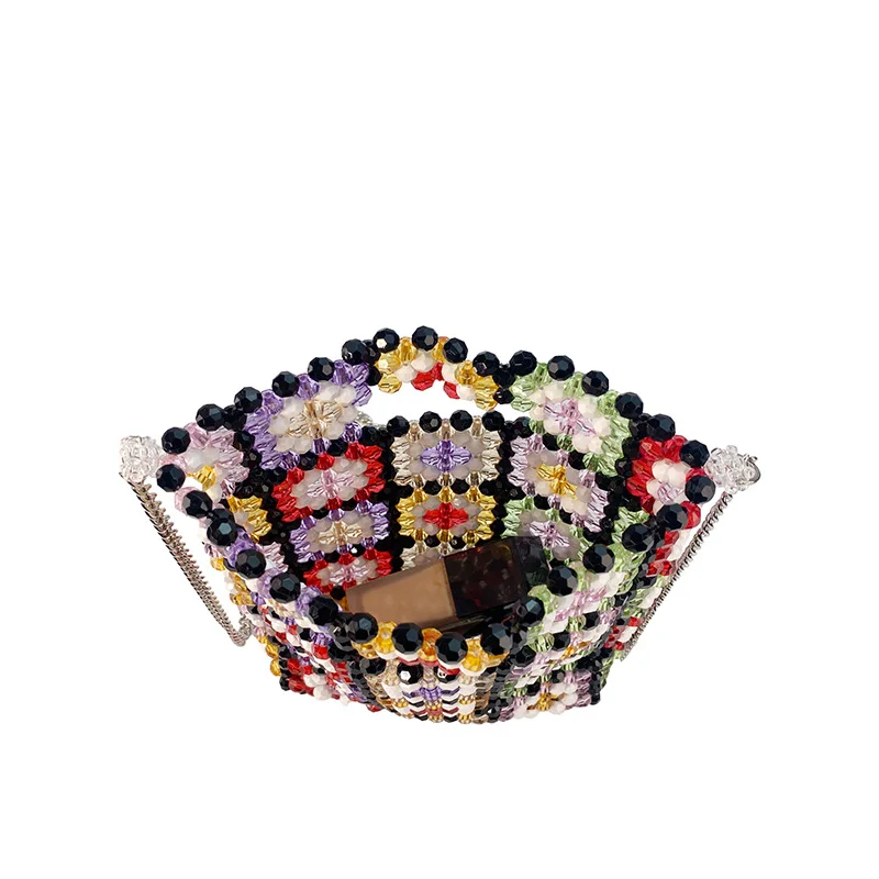 حقيبة يد نسائية جديدة ملونة مصنوعة يدويًا مطرزة بالخرز بتصميم زهور منقوشة كتلة ألوان حقائب كتف عبر الجسم لقضاء عطلة السفر
