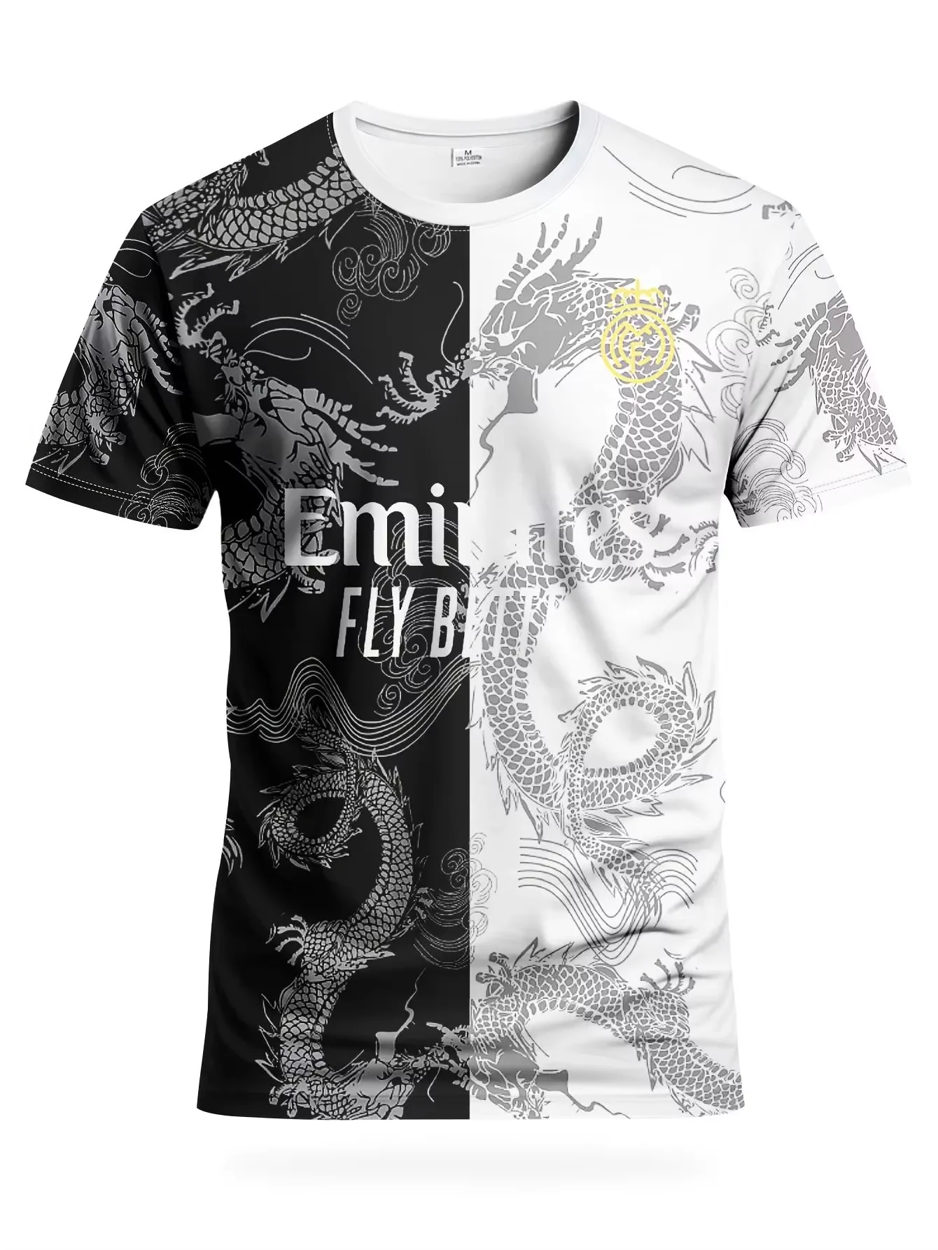 Men's Dragon-Pattern Sports T-Shirt Black and White Split Design Is Comfortable and Breathable Suitable for Training and Leisure