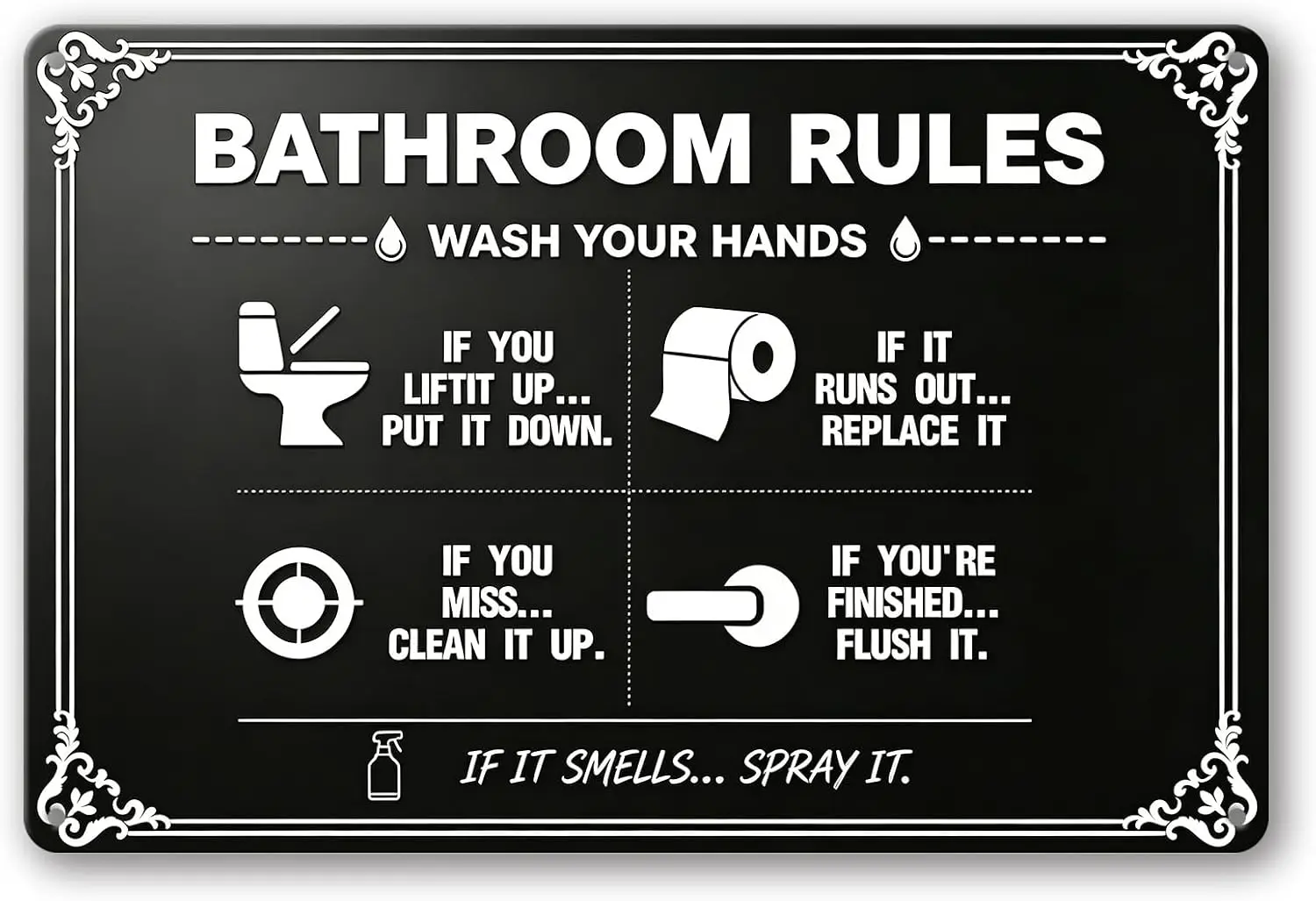 Black Bathroom Rules Metal Sign - Funny Wash Your Hands Humorous Aluminum Tin Plaque, Vintage Rustic Wall Decor for Restroom, Ho