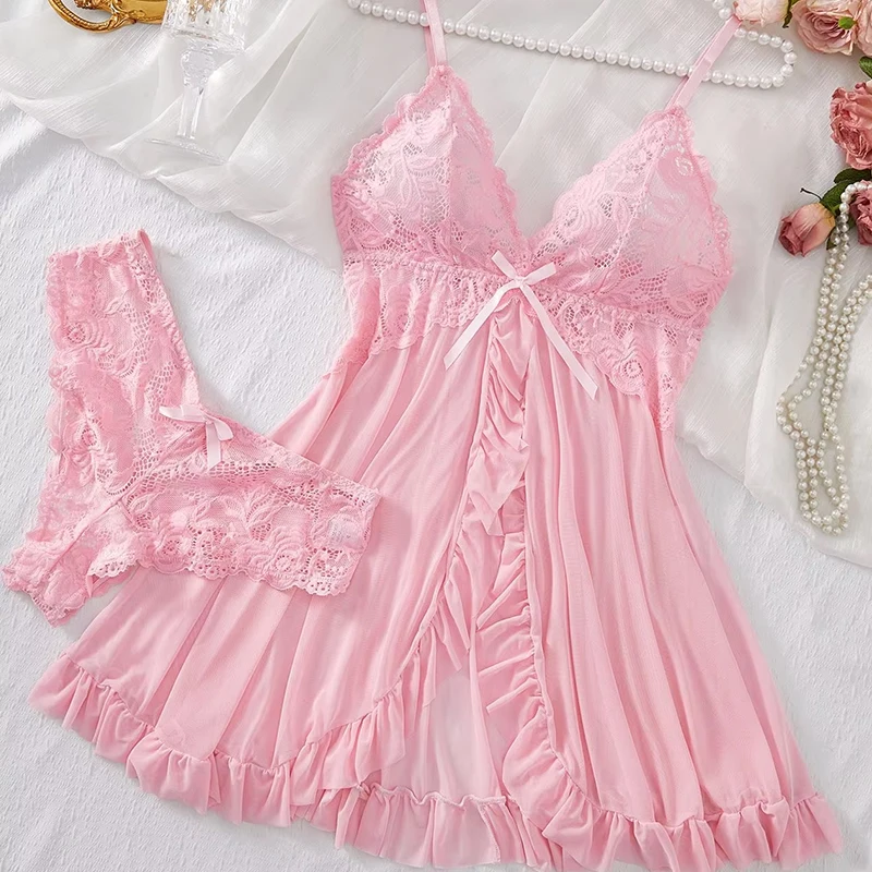 

Erotic Semi-transparent Thong Dress Set Women's Nightwear Sense V-neck Lace Halter Multi-color Suit Erotic Lingerie