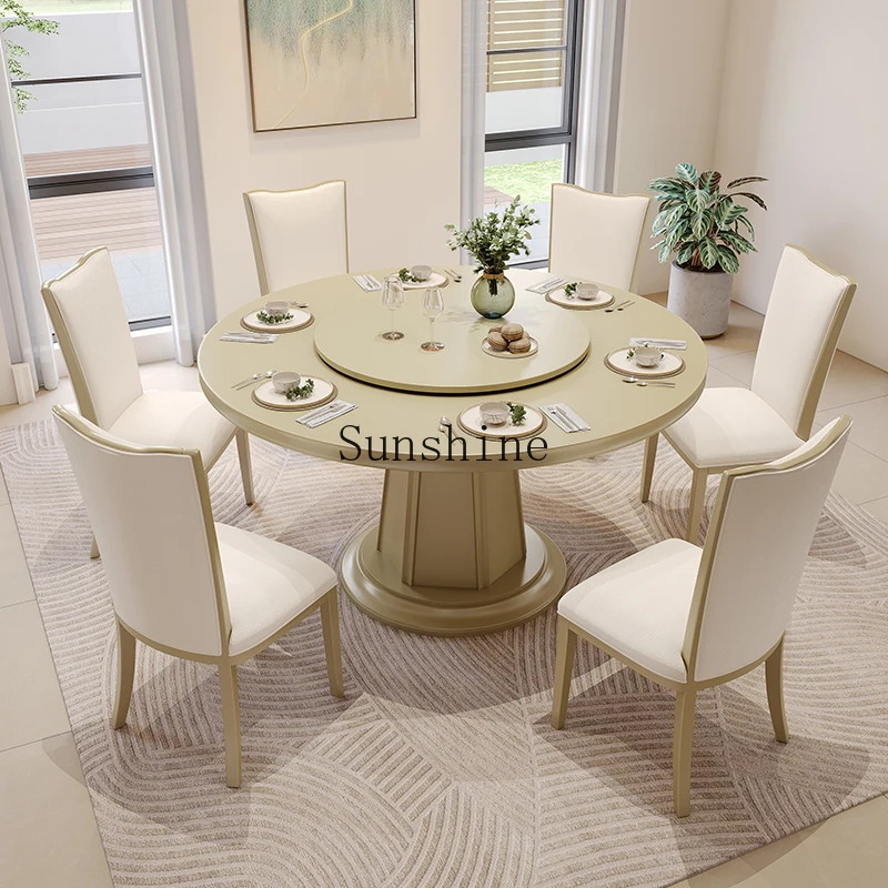 French light luxury dining table and chair combination modern simplicity with turntable round luxury solid wood home