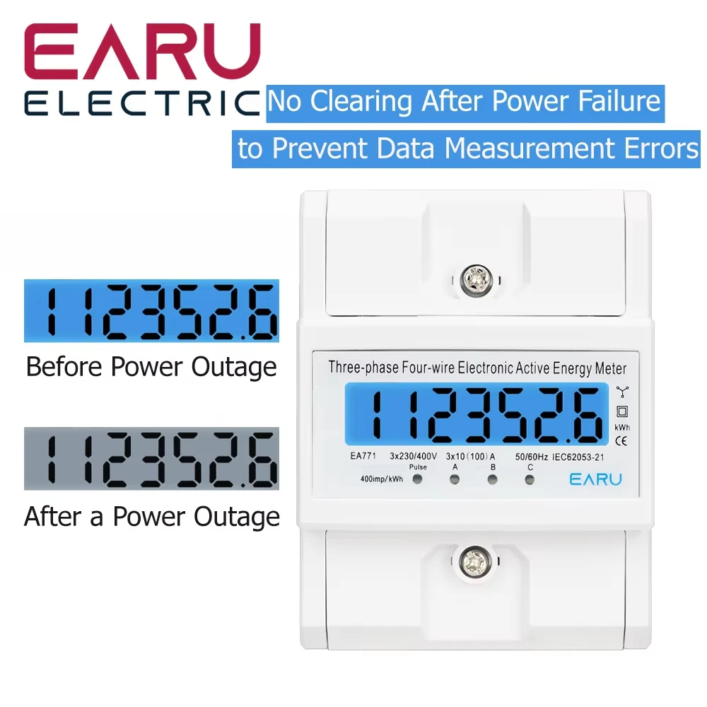 Din Rail 380V 3 Phase 4 Wire Energy Meter Power Consumption Monitor kWh Meter Wattmeter Bivolt 100A AC 50Hz 60Hz LCD Backlight view 4