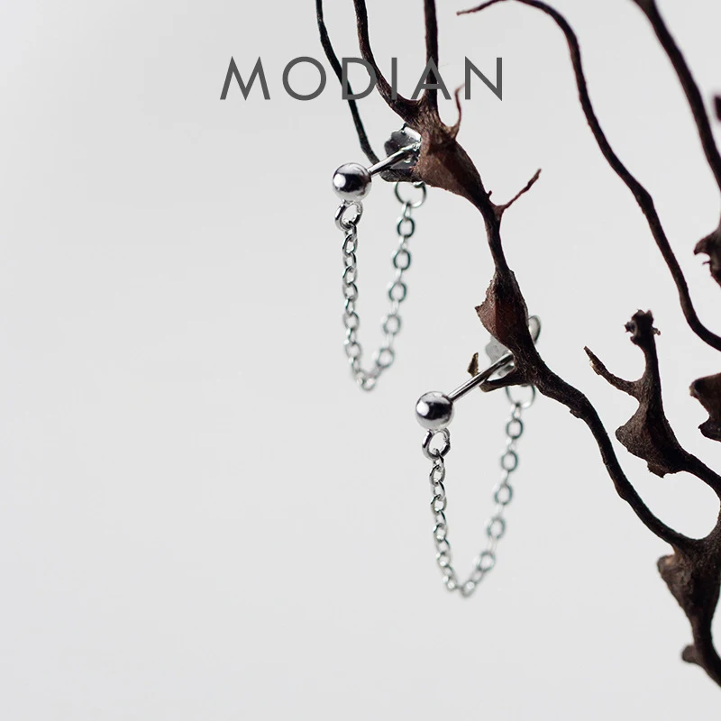 

Modian Rock Punk Black Chain Stud Earrings Fashion 100% 925 Sterling Silver Bead Swing Jewelry For Women Party Classic Earring