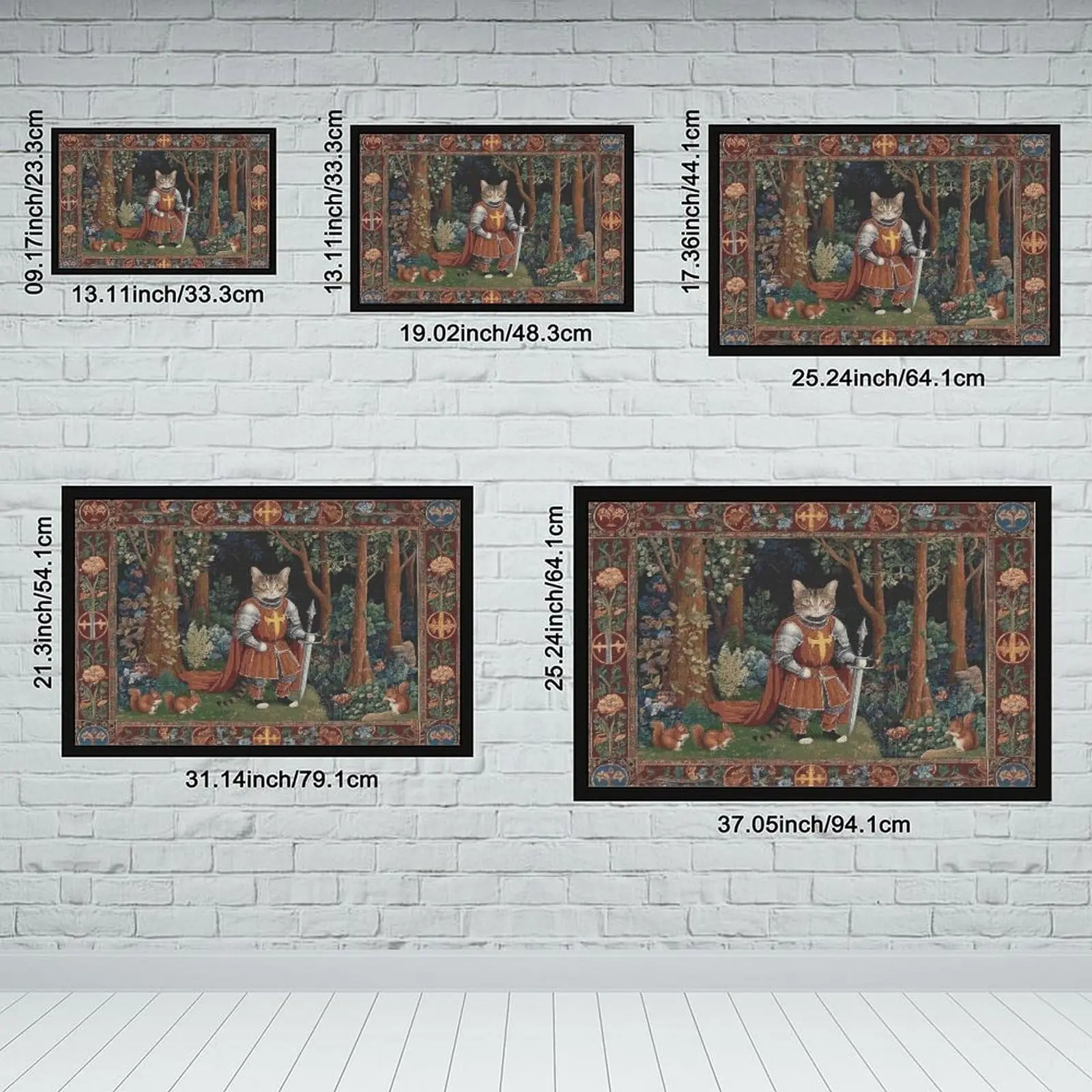 Medieval Cat Knight Tapestry Style Black Frame Framed Canvas Wall Art for Living Room Bedroom Office Dining Room