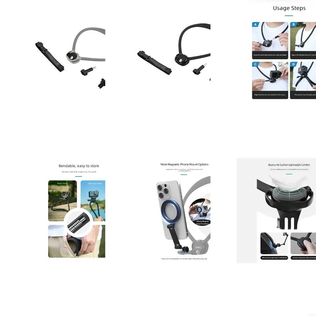 Q6PA Action Camera Neck Holder with Flexible Wearing Frame, Ball Joint Motion and Camera Head Connection for Trail Video