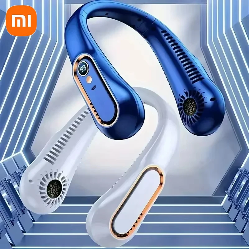 مروحة Xiaomi الجديدة للرقبة الصغيرة المحمولة الخالية من الشفرة، مروحة تبريد صغيرة قابلة لإعادة الشحن عبر USB رياضية مع 5 سرعات رياح وشاشة رقمية