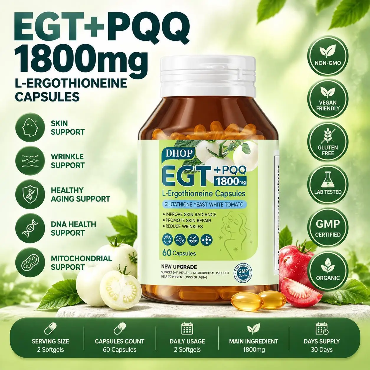 L-Ergothioneine EGT + PQQ Capsules,Skin, Healthy Aging, DNA & Mitochondrial Support, Glutathione White Tomato Blend, 60 Capsules