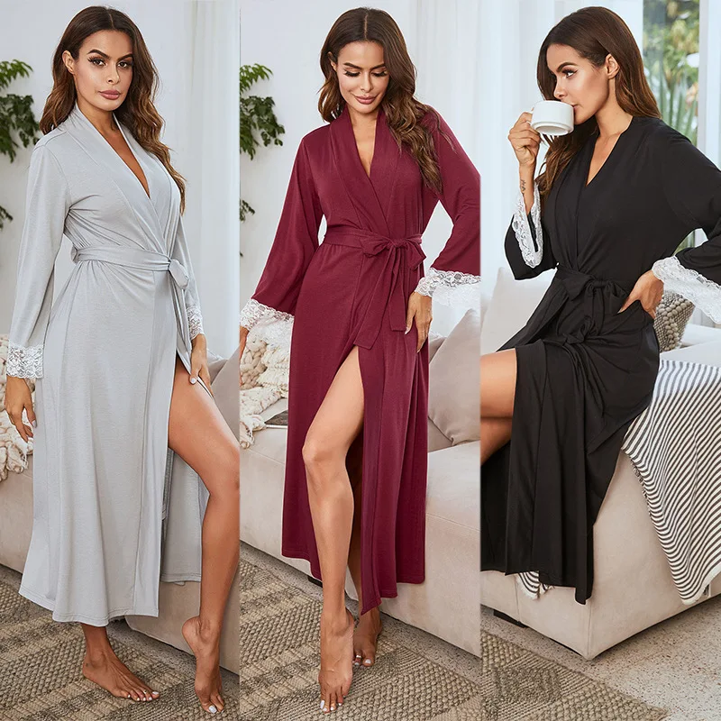 Spring Autumn Bathrobe Long Kimono Gown Lady Cotton Robe Sexy V-Neck Nightgown Loungewear Lace Sleeve Sleeve Home Dressing Gown