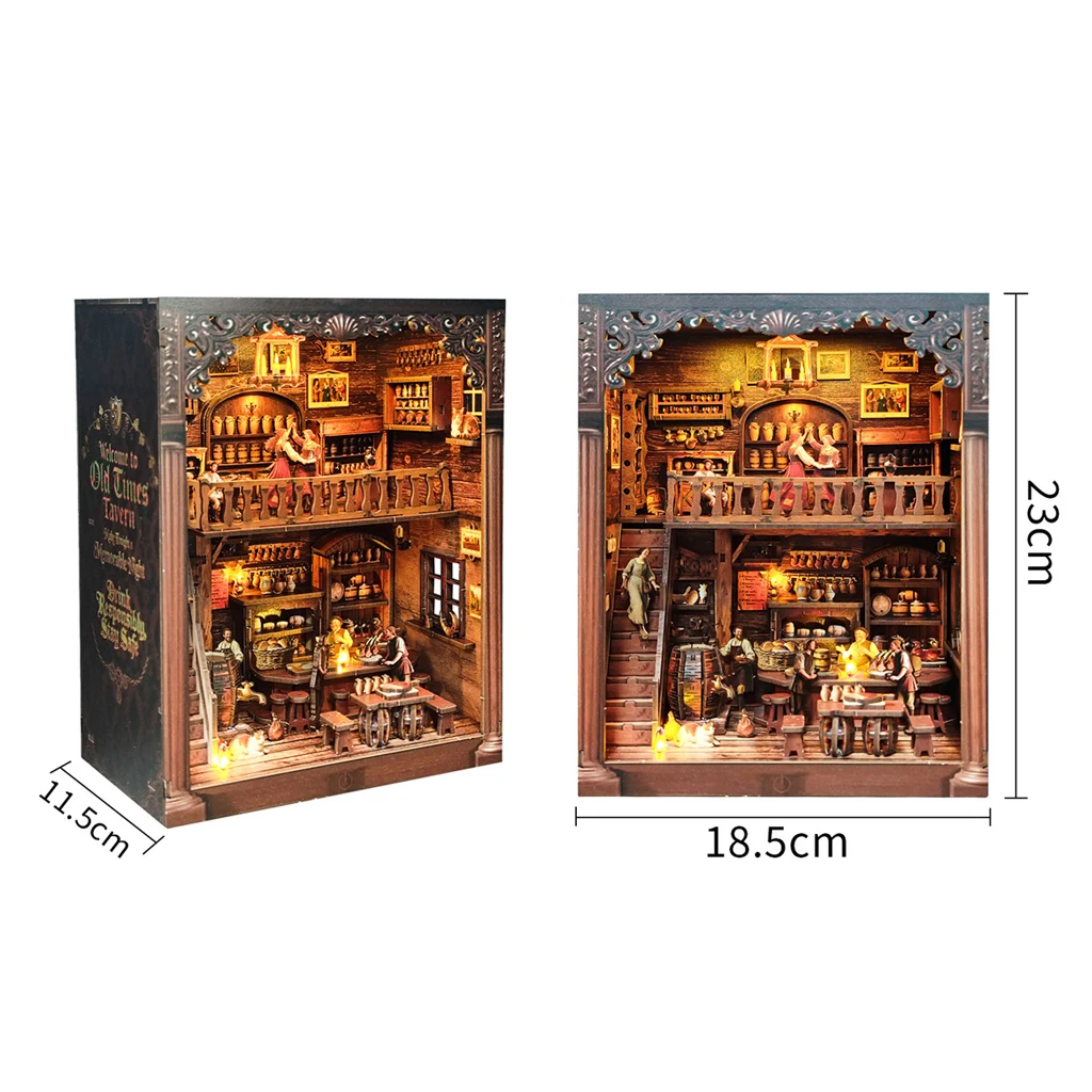 OUZEY Kit de bricolaje de rincón de libros de madera 3D, modelo en miniatura "Vintage Alehouse" con LED, regalo de decoración de estantería del viejo mundo para adultos