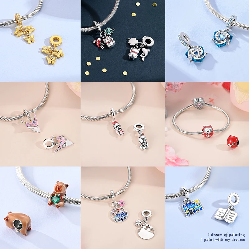 925 Sterling Silber Charm-Perlen Schmetterling Kleeblatt Glücksbringer Katze Böser Blick Delfin Reise-Charms für DIY Armband Halskette Damengeschenk – Detail 2