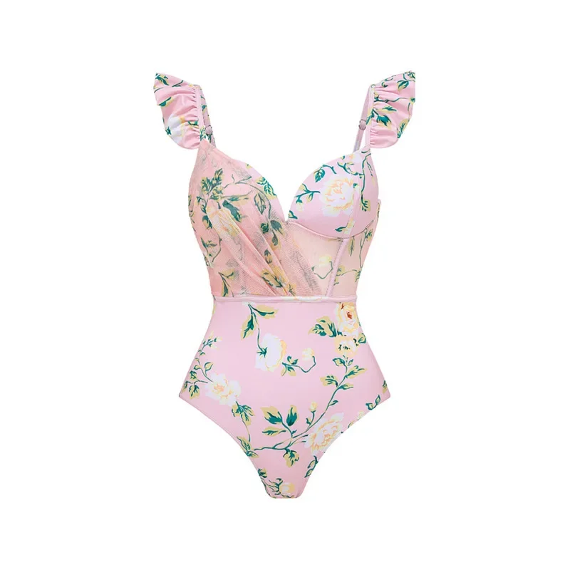 2026 New Swimsuit High-End Design 2Pcs Floral Print Ruffle Slimming Holiday Sexy Hot Spring One Piece Swimsuit for Women