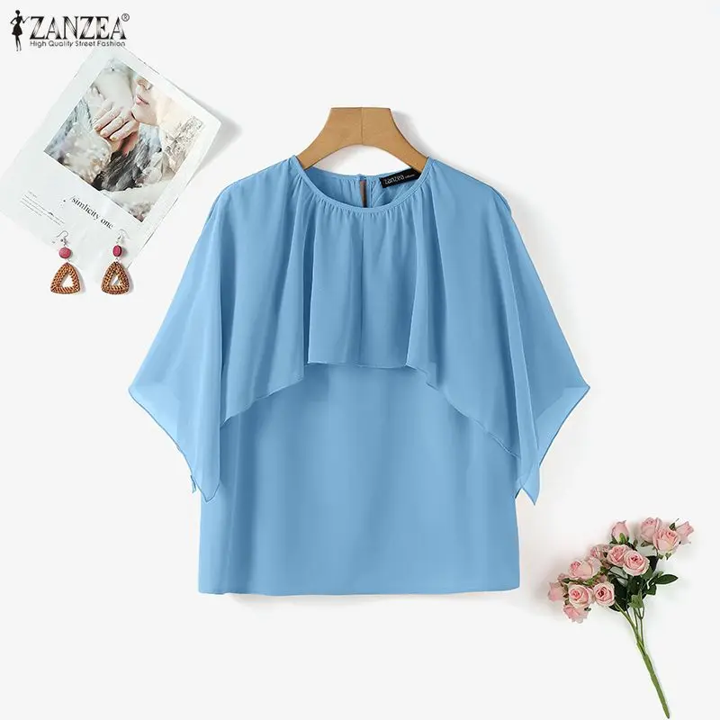 

2026 ZANZEA Elegant Chiffon Blouse Office Lady Shirts Women Summer 3/4 Sleeve Casual Solid Streetwear Blusas Loose Tunic Tops