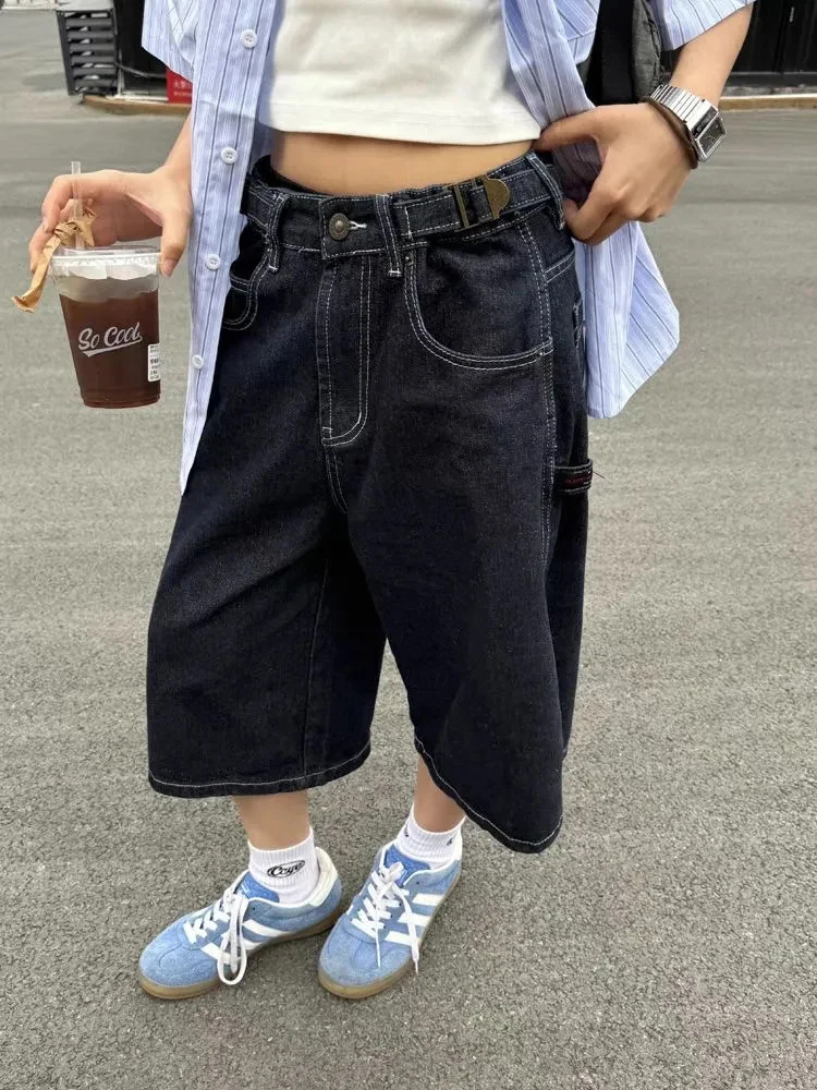 

Y2K Streetwear Wide Leg Capri Jeans Women Summer Loose Pockets Cargo Shorts Bf High Waist New American Straight Seven Foot Pants