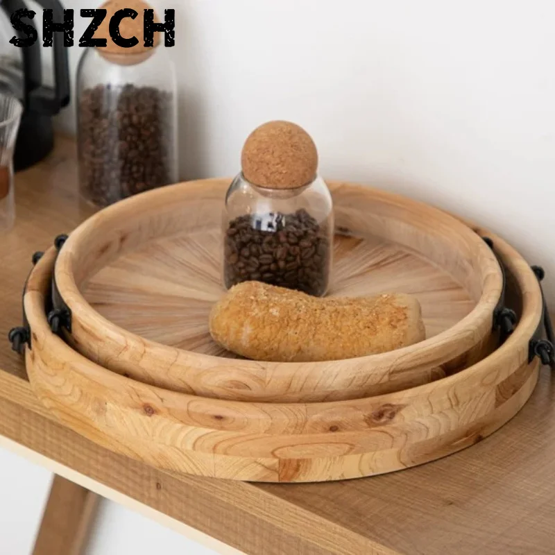 Solid Wood Round Serving Tray Vintage Snack Coffee Plate Decorative Tabletop Ornament Multifunctional Hospitality Dish for Cafe