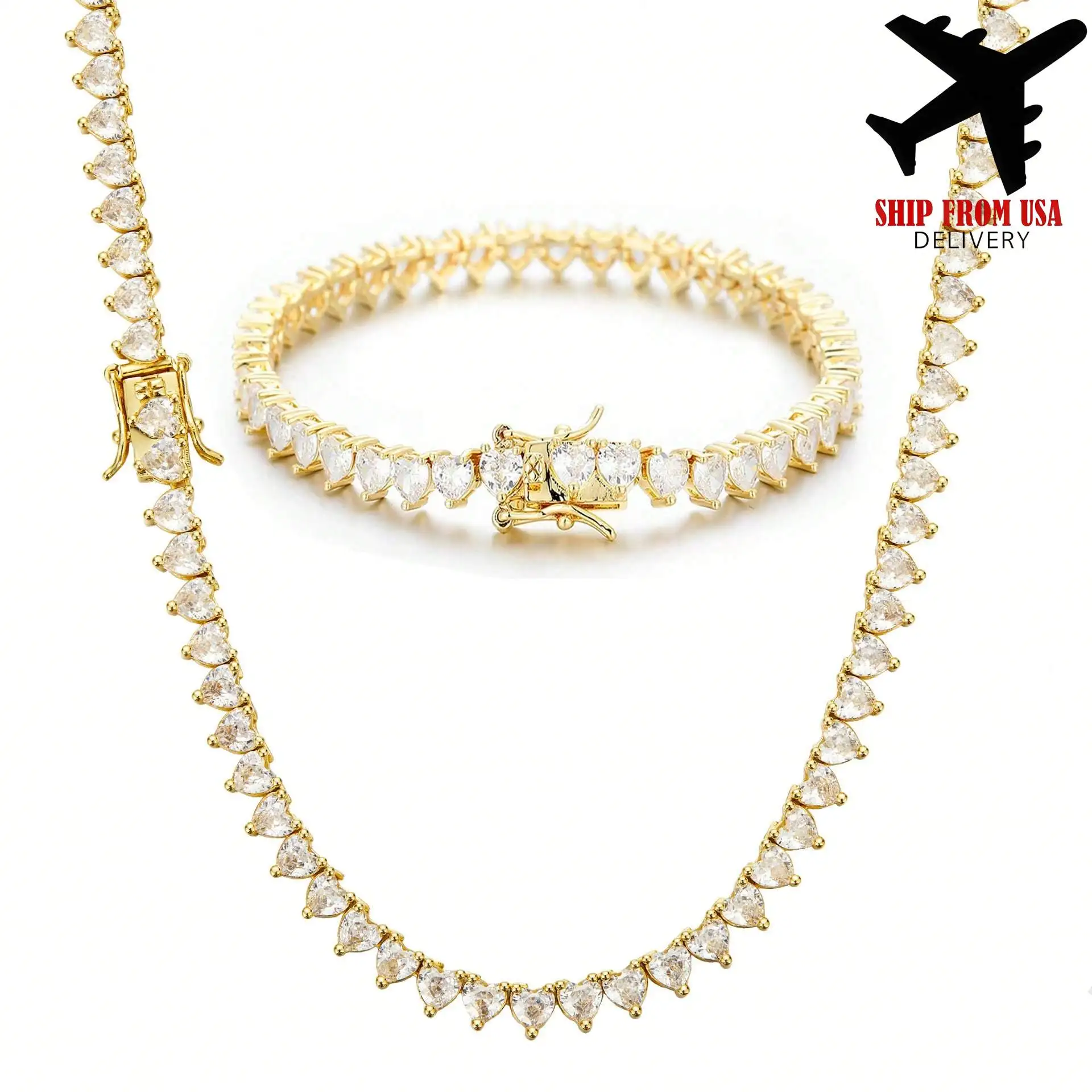 Tennis Necklace with 4mm Heart Shaped CZ Stones, 14K Gold Plated Simulated Diamond Chain for Women & Men, Classic Iced Out Jewelry 8