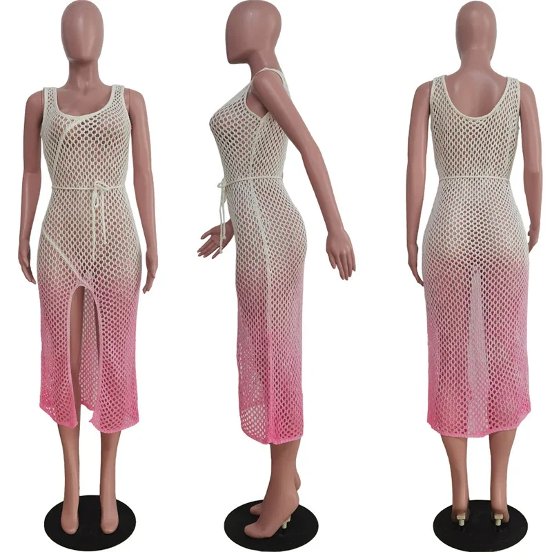 Farbverlauf gehäkelt gestrickt Strand kleid Frauen Sommer Tank ärmellose Aushöhlung Slim Fit aus geschnitten Party Club Maxi kleid Urlaub