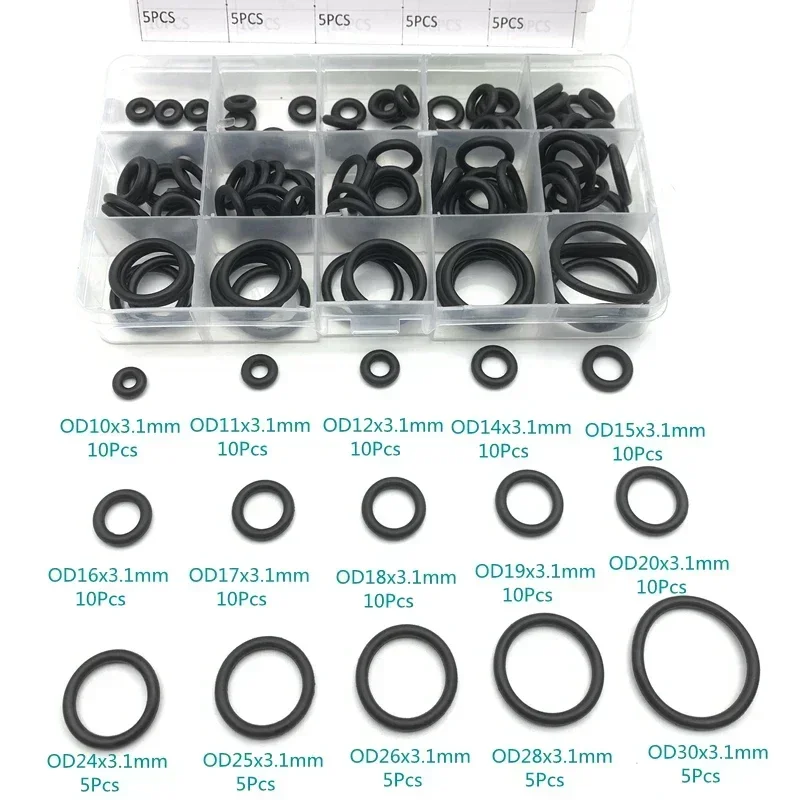 125pcs/Box Rubber O Ring Thickness CS 3.1mm Assortment Black O-Ring Seal Set Nitrile Washer High Quality For Car Gasket 15 Sizes