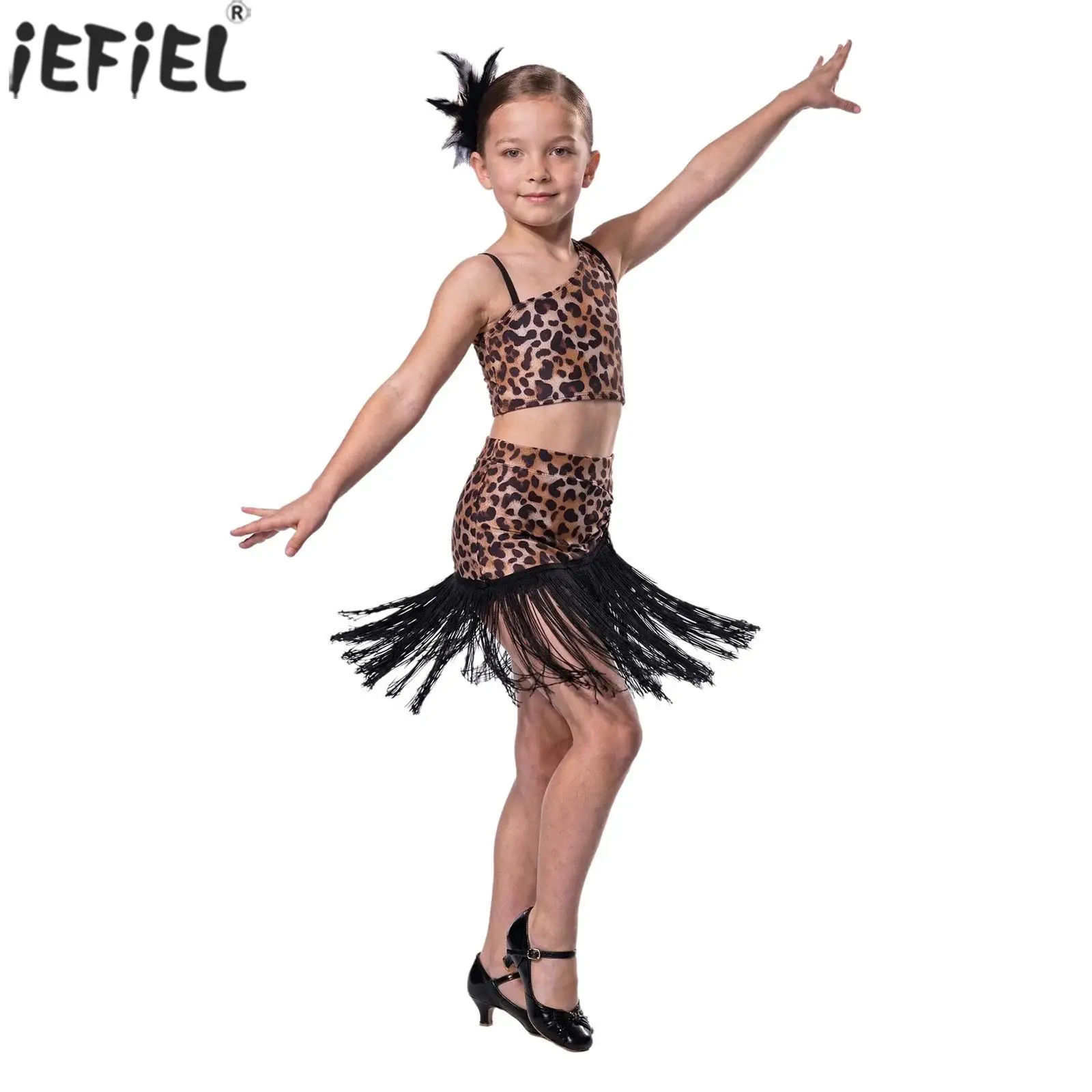 Kids Girls Latin Dance Outfit Leopard Printed Crop Top with Irregular Tassel Skirt Built-in Shorts for Rumba Cha Cha Samba Tango