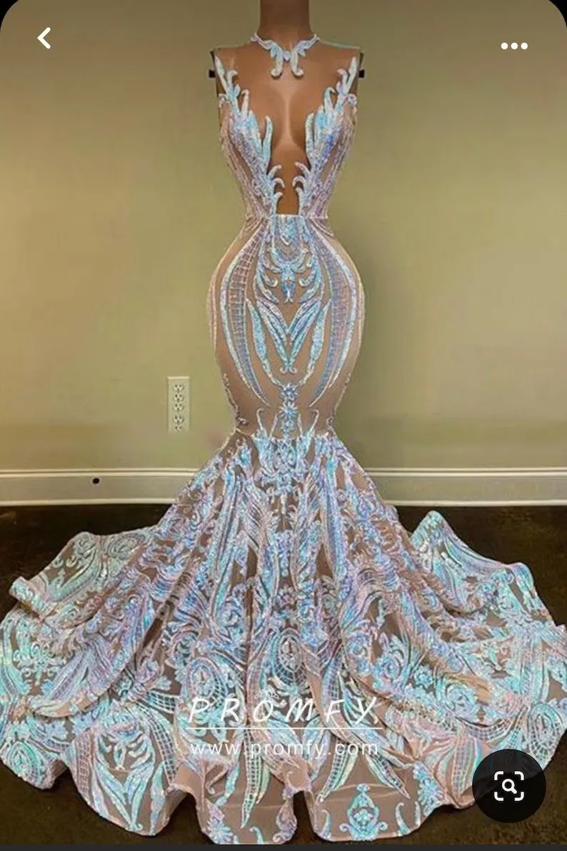 African American Prom Dresses Mermaid Sheer Sequins Lace Black Girls Nigeria Robe De Soiree Evening Dress Gown Customized