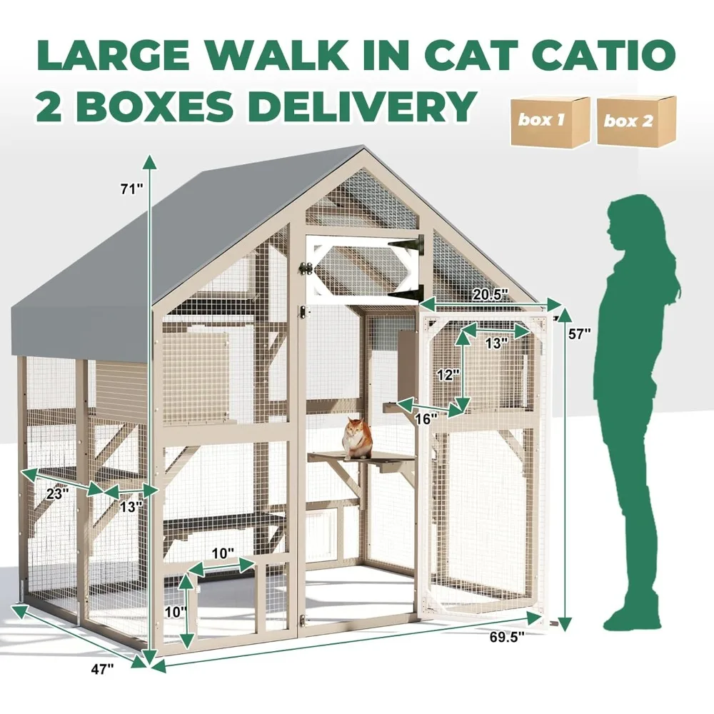 حاوية كبيرة للقطط في الهواء الطلق، منزل مشي مقاوم للطقس مع نافذة مرفقة للقطط المتعددة، قفص مقاوم للماء