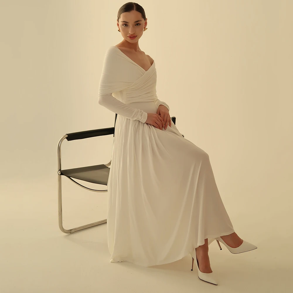 

Customized White Chiffon V-neck Evening Dress Simple Off the Shoulder Full Sleeves Party Dress A-line Ankle Length Prom Gowns