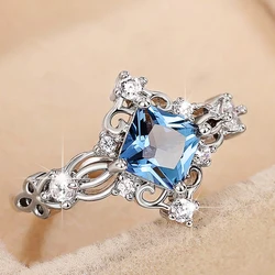 Huitan Princess Cut Blue Cubic Zirconia Women Rings Hollow Band temperamento accessori da sposa da sposa gioielli per feste di anniversario