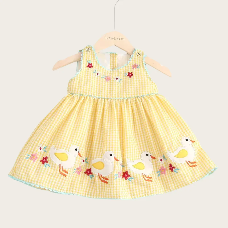 

0 - 6 Y Kids Girls Adorable Baby Girls' Cotton Sleeveless Soft And Comfortable Dress with Flower and Duck Embroidery Perfect