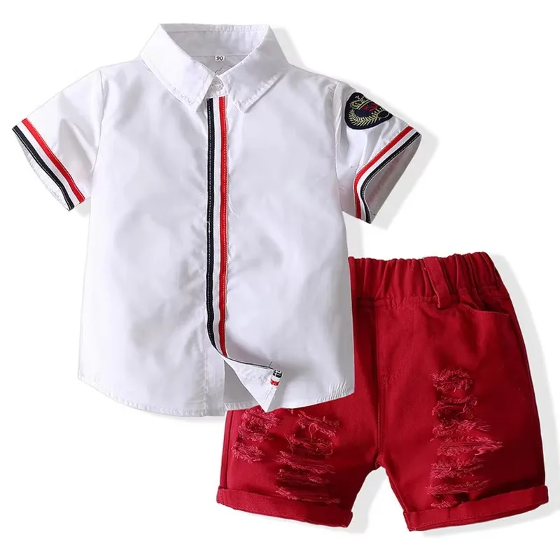 

2Piece Summer Kids Clothes Boys Korean Fashion Gentleman Short Sleeve Cotton White Baby Tops+Hole Shorts Children's Sets B233