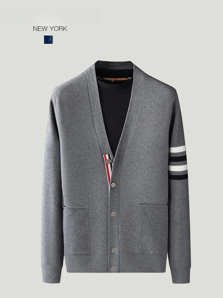 

Элитный мужской шерстяной вязаный кардиган с четырьмя полосками, длинный рукав, верхняя одежда для осени, в этническом стиле