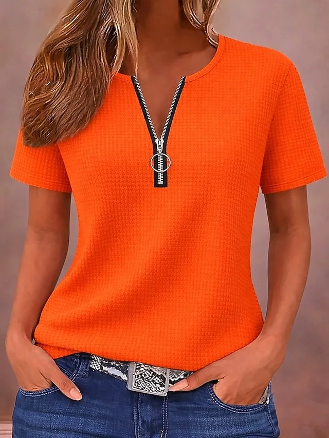 2026 Neuer Stil Frühling/Sommer Damen Gefüttertes T-Shirt mit Waffelkragen, kurzen Ärmeln und Reißverschluss – Detail 2