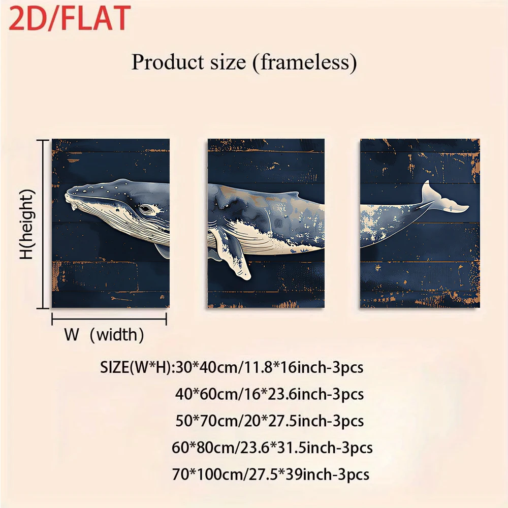3PCS Large-sized frameless canvas paintings,1 set of frameless triptych decorative paintings with a modern minimalist whale patt