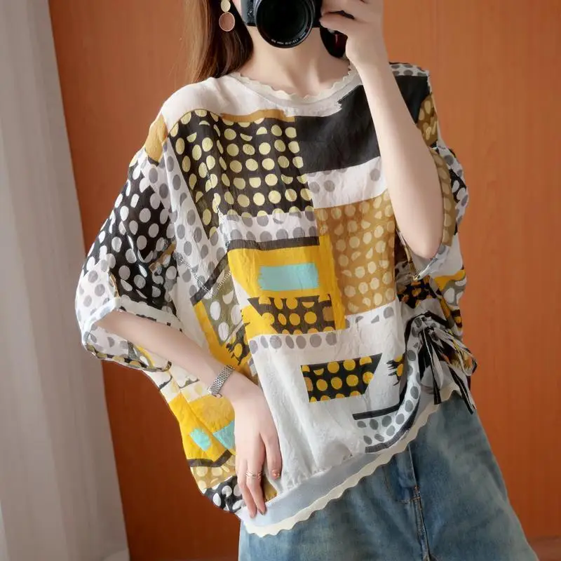 Street Fashion Polka Dot Color Spliced Blouse Woman 2023 Summer New Casual O-Neck Half Sleeve Loose Oversized Shirring Shirts