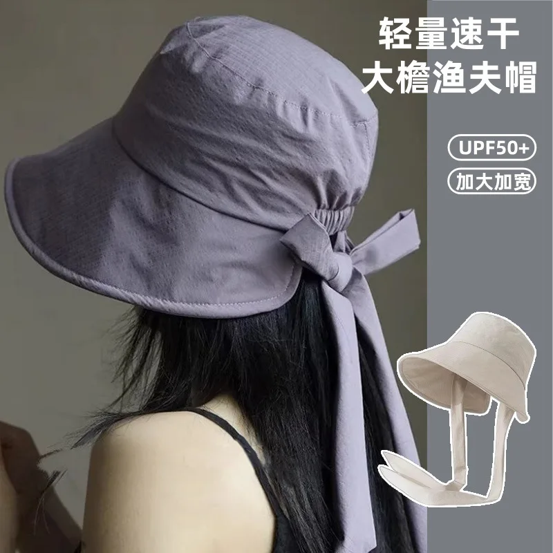 Large Size Quick-Dry Bucket Hat for Women, Outdoor Tie Strap Sun Hat Wide Brim Versatile Face Slimming Breathable