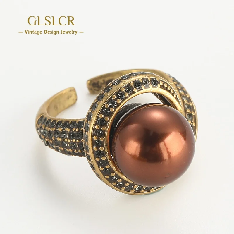 

Vintage Red Copper Pearl Ring Black Rhinestone Gold Color For Woman Accessories Fashion Jewelry Luxury Brand Designers Christmas