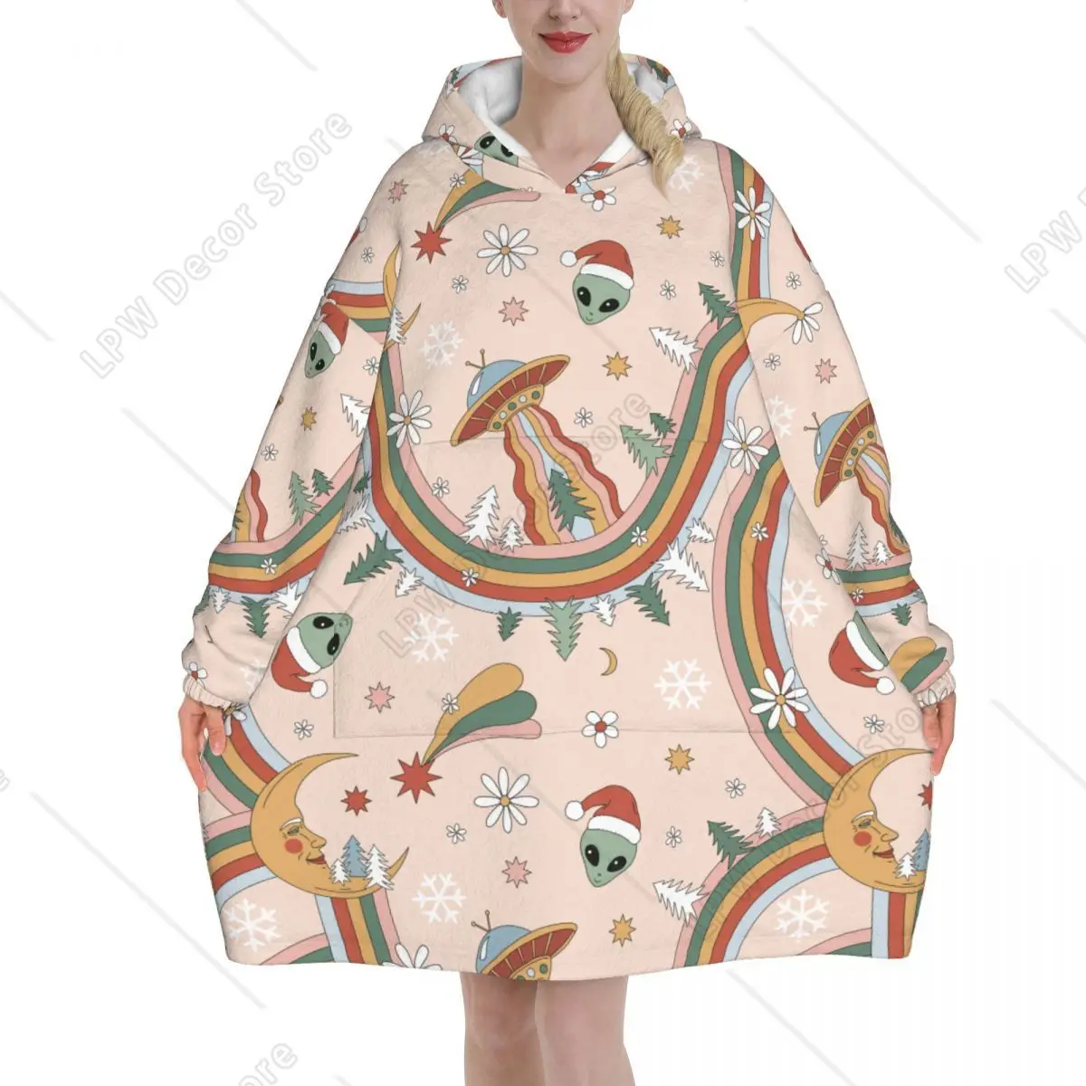 Hippie Groovy Christmas Trippy Rainbow UFO Santa Alien Blanket Wearable Hoodie 60s 70s Xmas Sweatshirt Blanket Gifts for Women